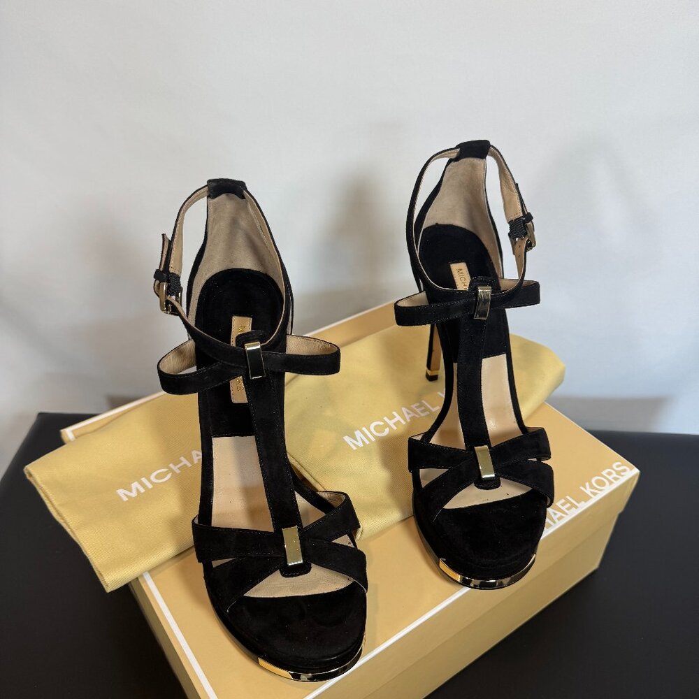 MICHAEL KORS COLLECTION LEANDRA BLACK SUEDE OPEN TOE PLATFORM SANDAL